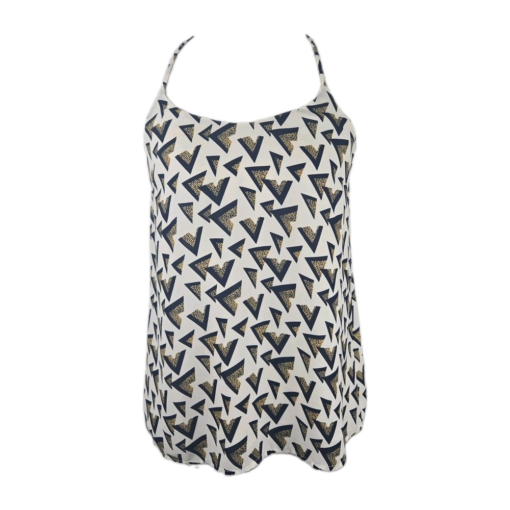 CC Collective Concepts White Navy Geometric Halter Style Chiffon Tank Top Small